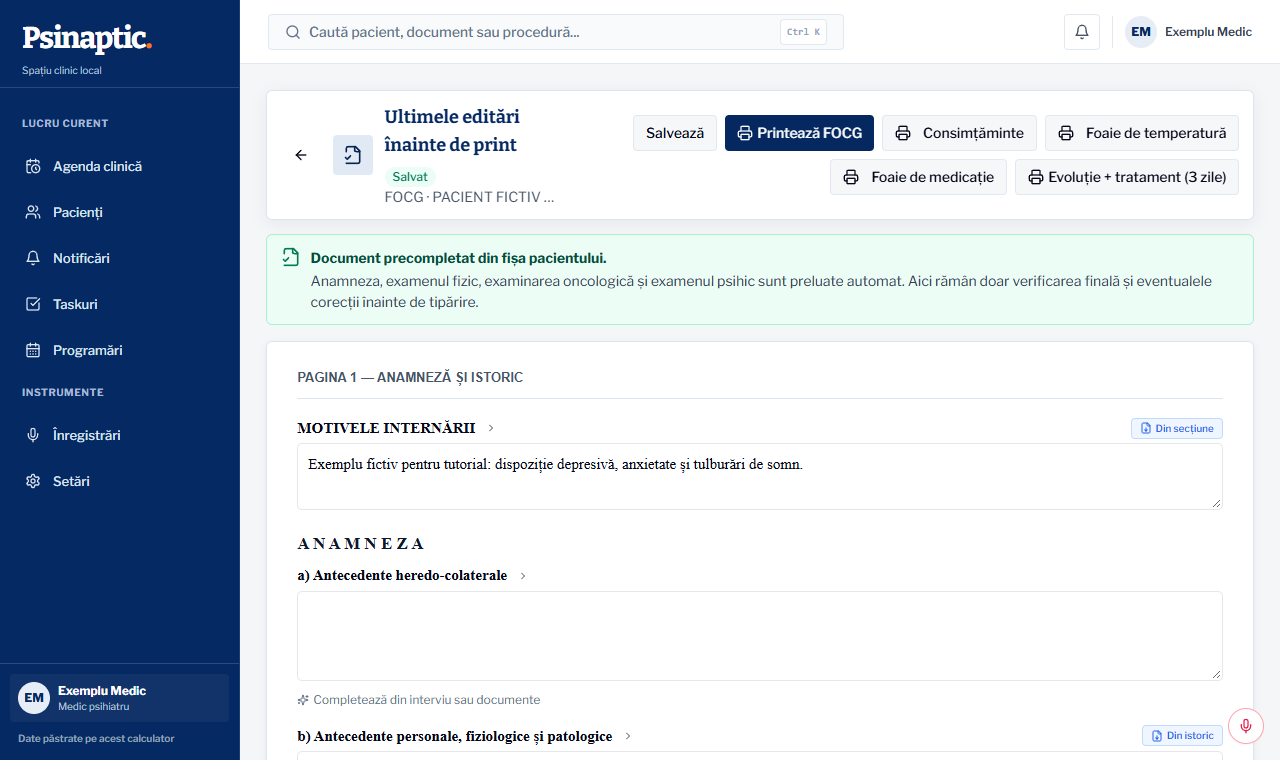Foaia de observație și tipărirea